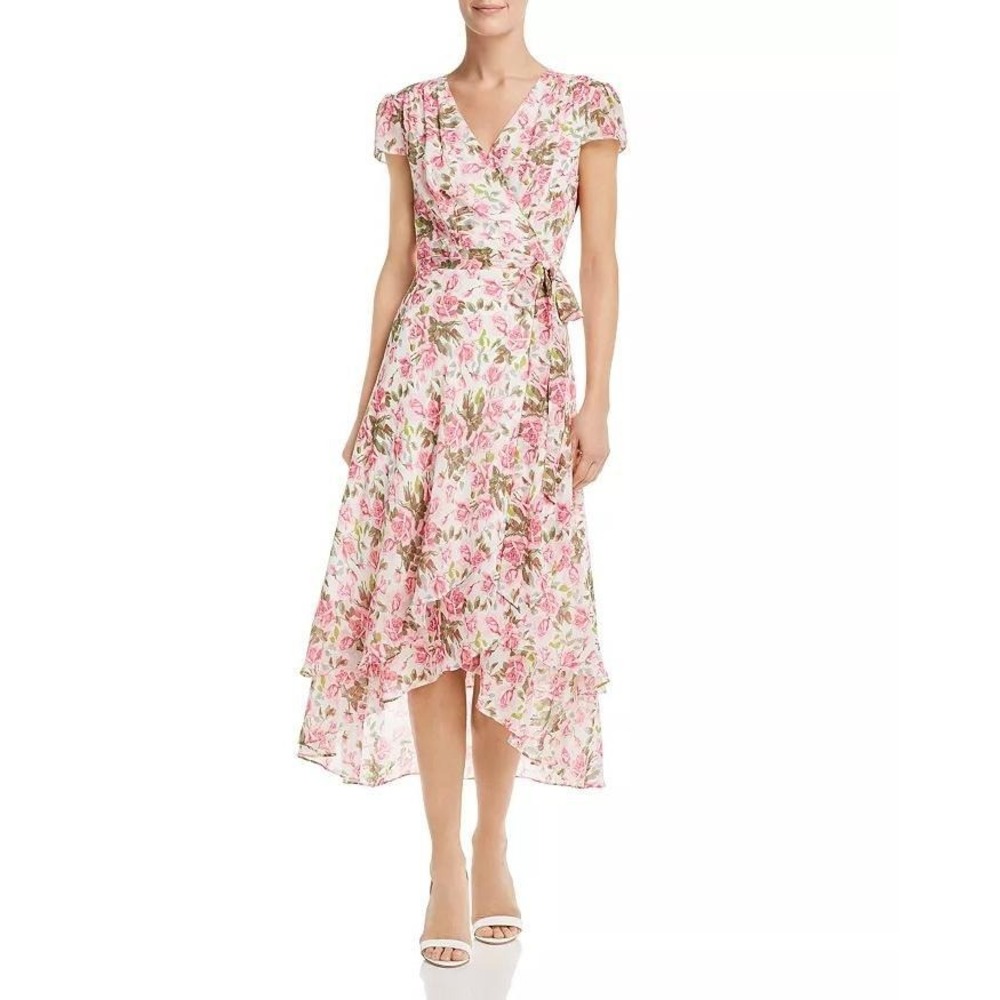 Betsey Johnson Women's Rose-Print Crossover V-Neck Wrap Midi Dress Size 4